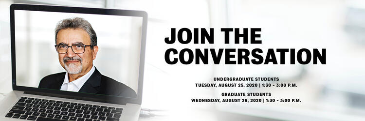 Join the Conversation Undergrad and Grad student town halls event dates and times with image of UW President on laptop screen.