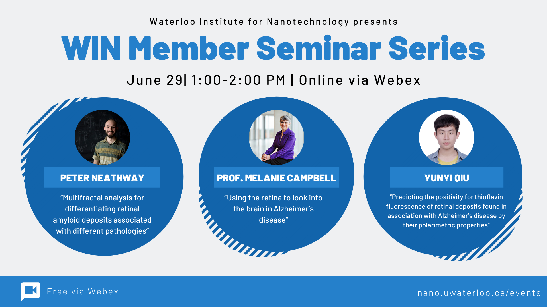 Event poster with images of all 3 speakers and their talk titles on June 29th at 1 pm on WebEx.