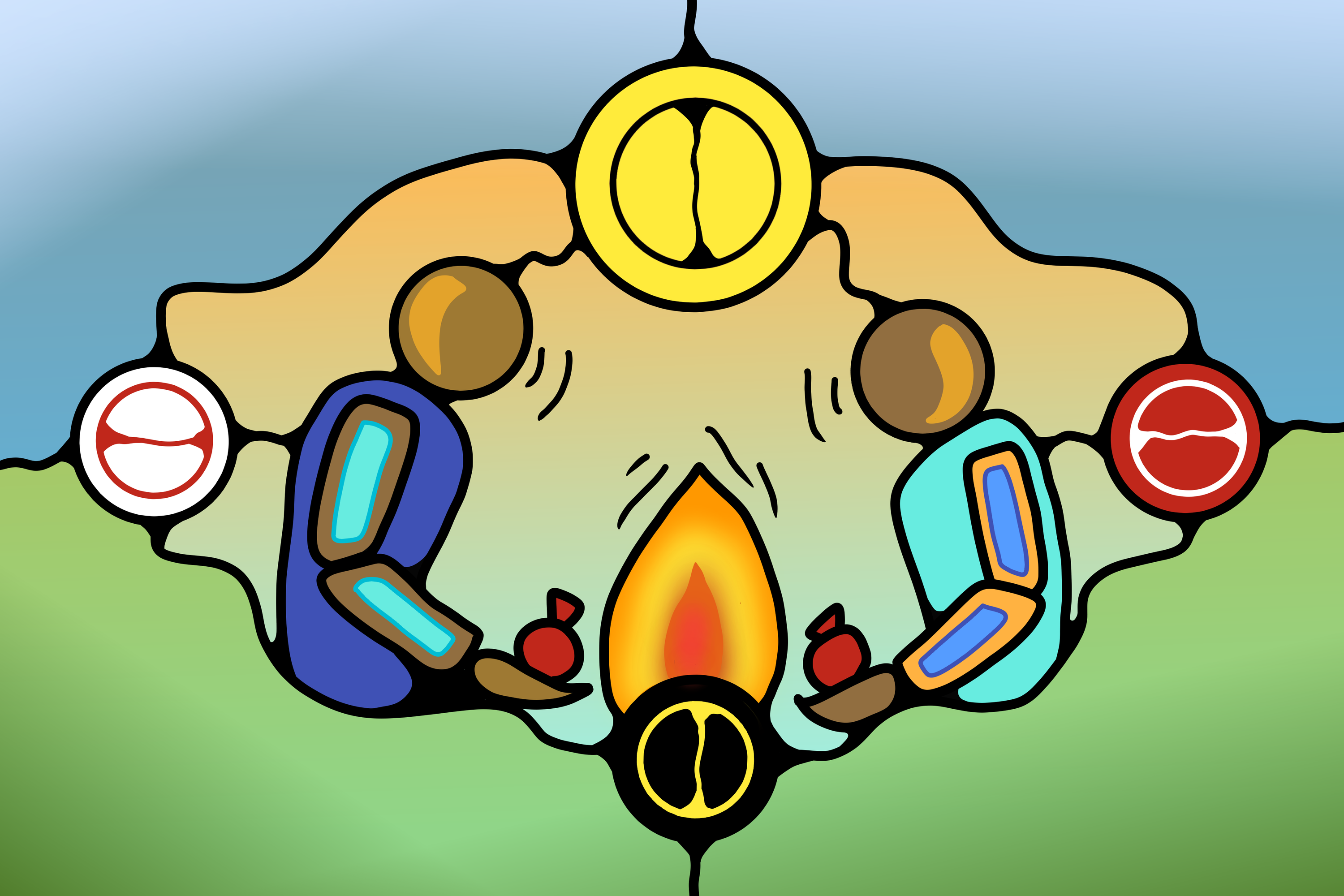 Indigenous style are of two people facing each other over a campfire.