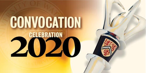 Convocation Celebration 2020 with image of Waterloo ceremonial mace on the right side.