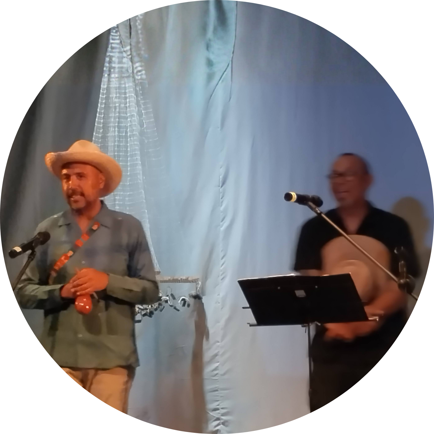 Eduardo Cejudo and a band mate performing on stage