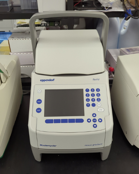A narrow rectangular instrument on a benchtop with a handle on top, and a top that opens up. The front shows a large screen, numeric buttons and an arrow pad, and the brand name Eppendorf is visible.