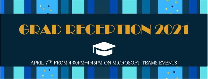Grad Reception 2021 graphic with blue lines and a mortarboard hat