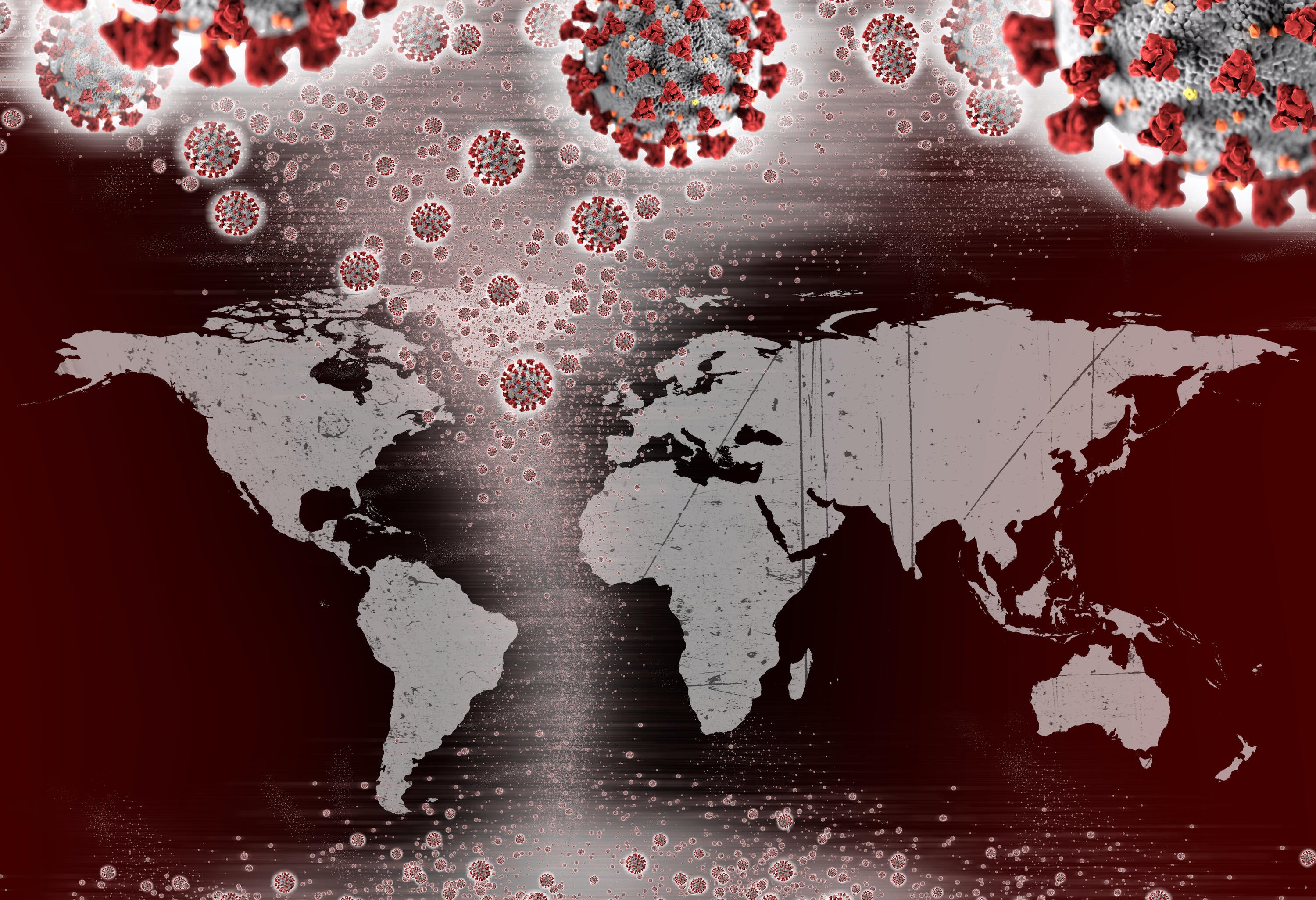 Map of the world with COVID-19 virus particles overlayed