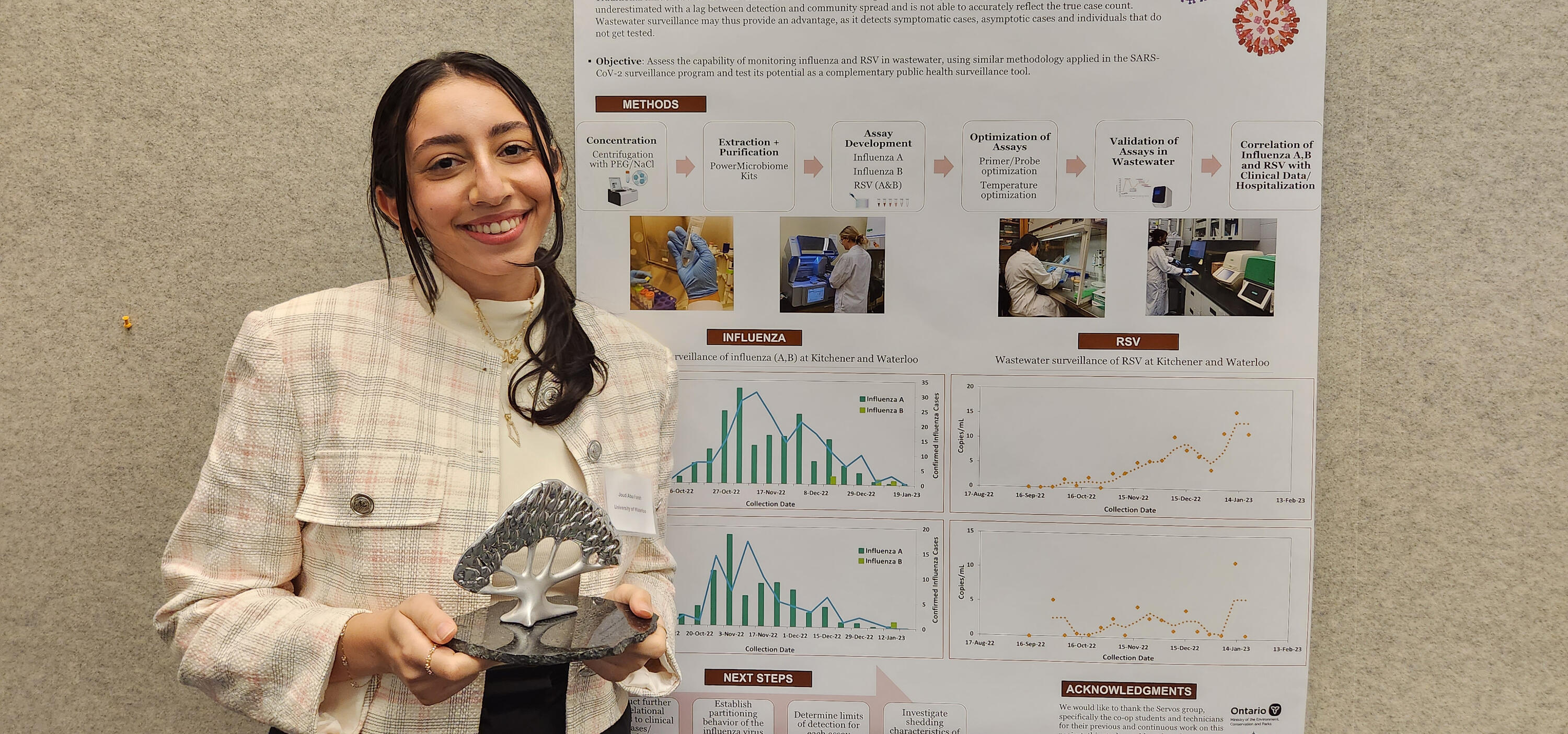 Joud Abu Farah holding award standing in front of her poster.