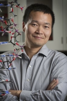 Portrait of Juewen Liu with DNA strand beside him
