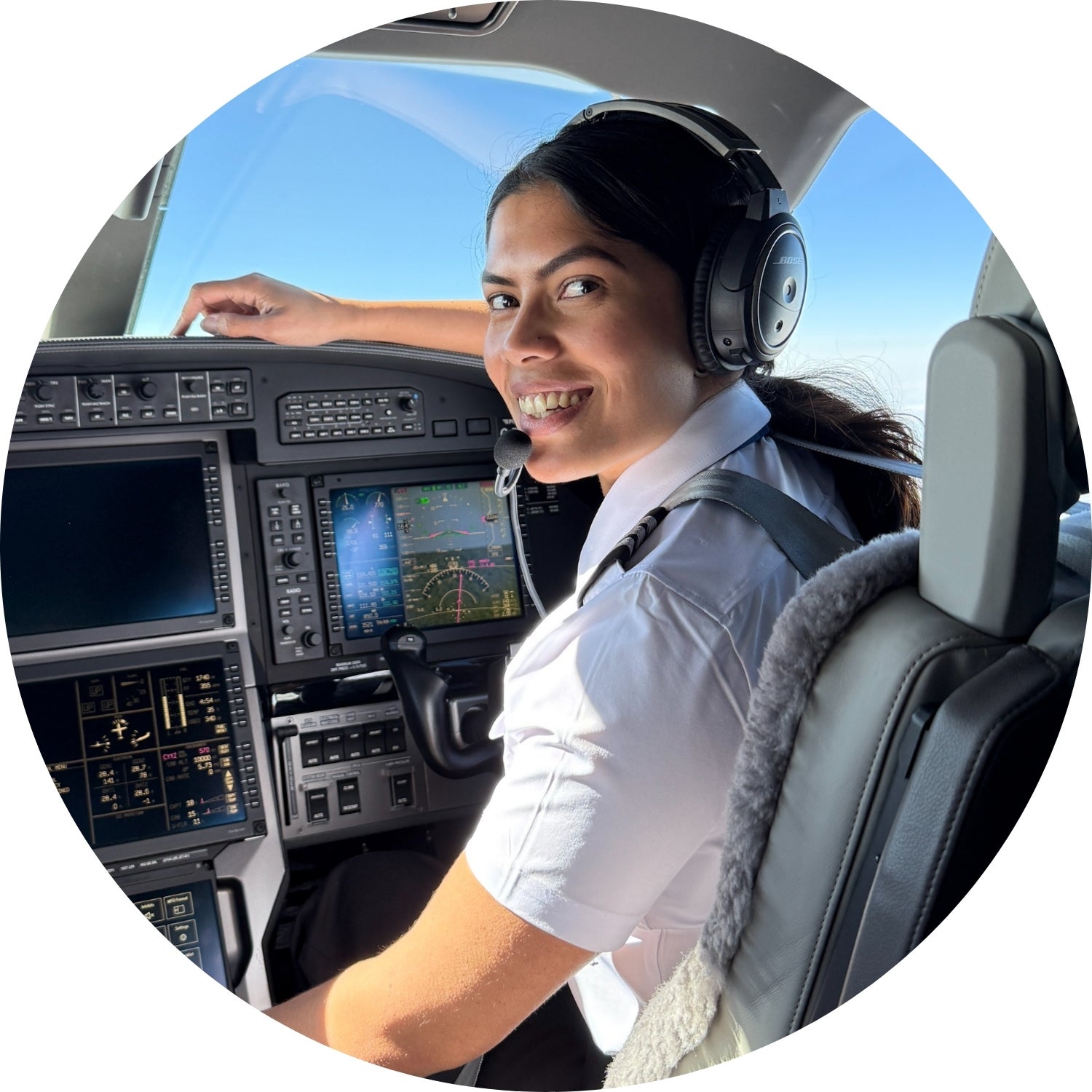 Manouchka Bucktowar piloting an airplane