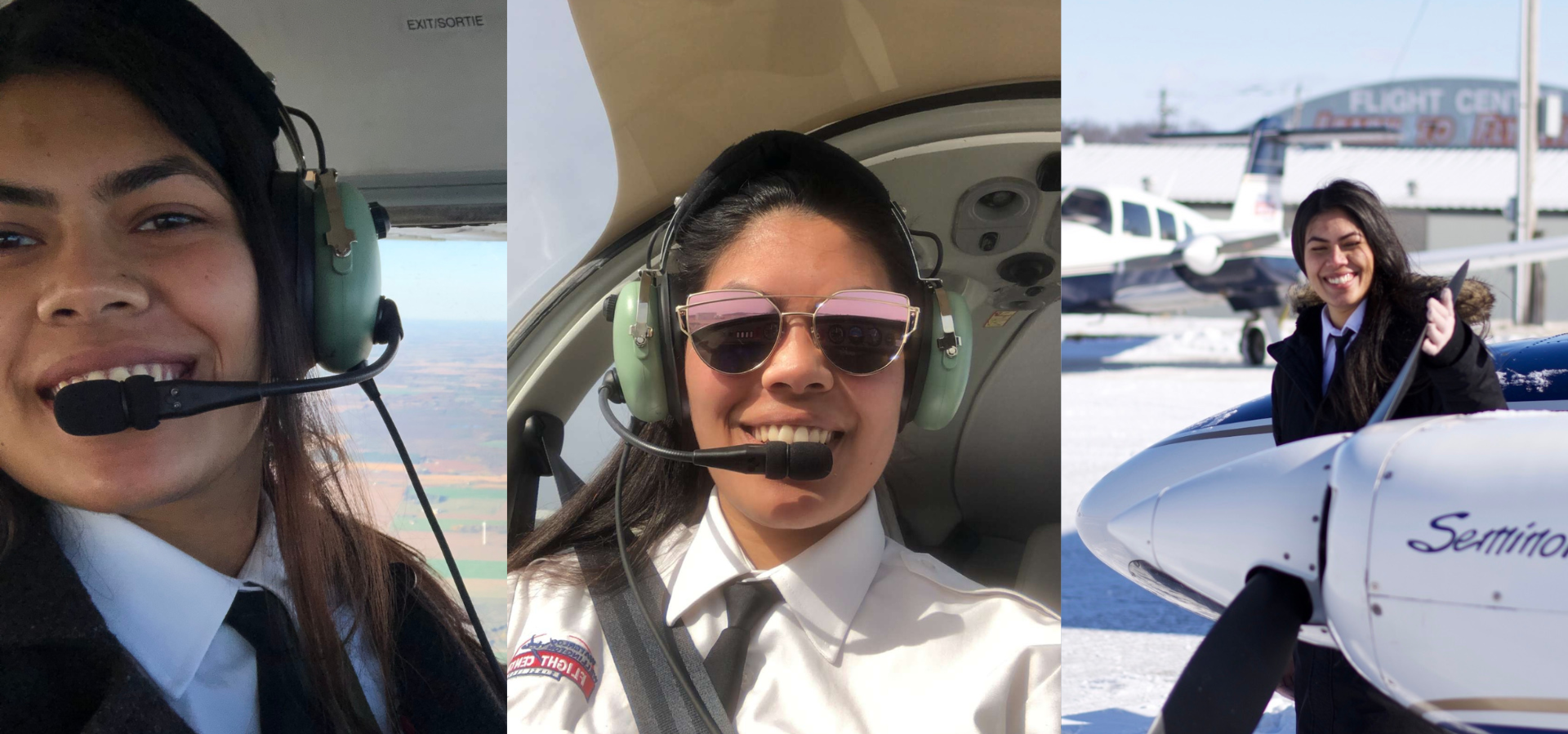 Collage of three photos of female pilot with plane.