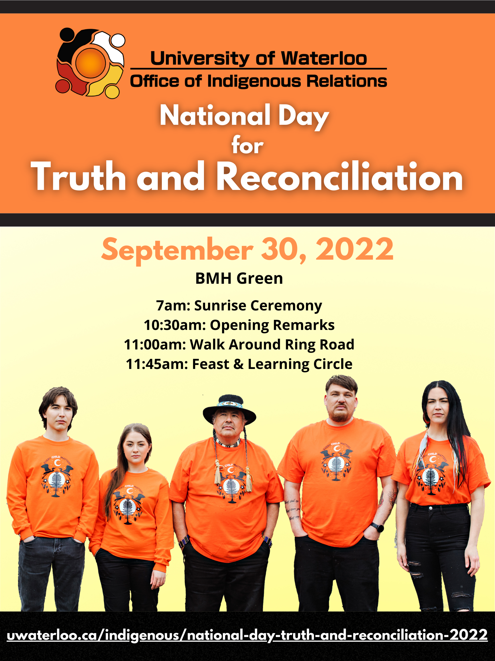 Event poster with date, time, location and group of individuals wearing orange shirts.