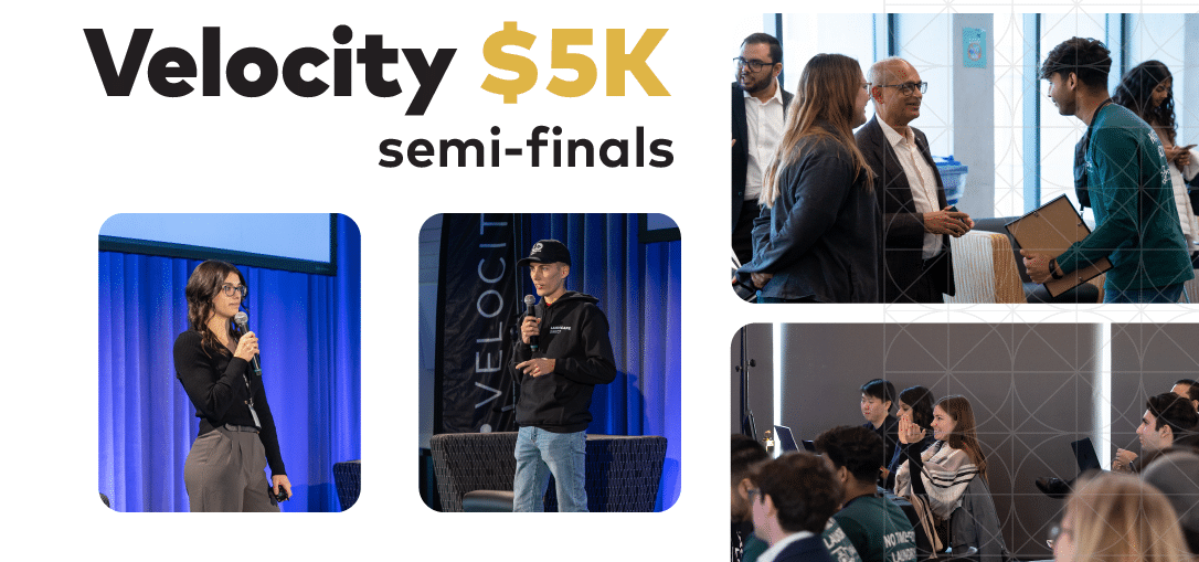 Velocity $5K semi-finals with 4 pictures of students from previous competitions