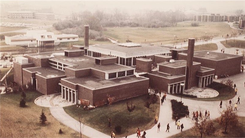A sepia toned photo of the Student Life Centre in it's original size and footprint