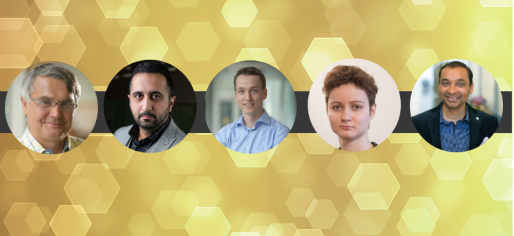 Headshots of all five Waterloo professors receiving JELF funding on a yellow honeycone background