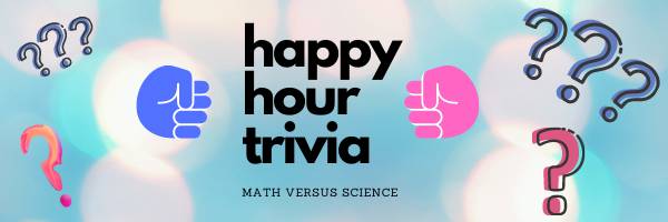 blue and pink fists and question marks with happy hour trivia text