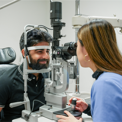 Optometry student practicing an eye exam