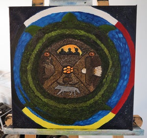 Ethan's painting is a circle against a dark background with animals painted within the circle to show our connection to the land.