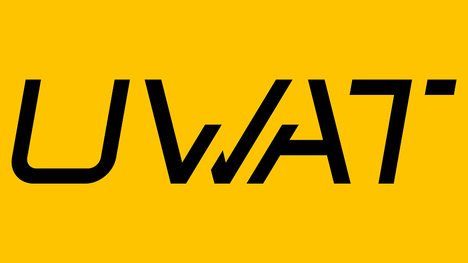Yellow background with the letters U W A T in bold black in centre
