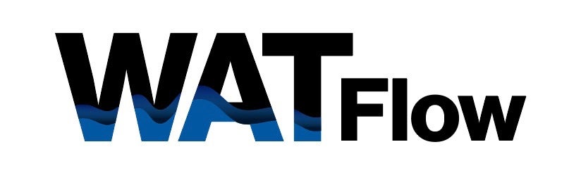 WATFlow logo: "WAT" in black with large capitalization with dark blue wave-like details and the letters "Flow" in black. 
