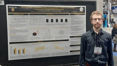 Nick Barclay standing next to their research poster presentation during the Society for Neuroscience Annual Meeting