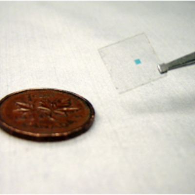 Figure 13: A size comparison between the chip (small blue square) and a penny