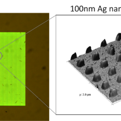 Figure 2: Optical microscope image (left) and AFM image (right) of an array of 100x100x50nm Ag nanoparticles fabricated by EBL