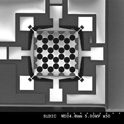 Figure 1: Scanning electron micrograph of one of our electrostatically actuated Phononic bandgap crystals