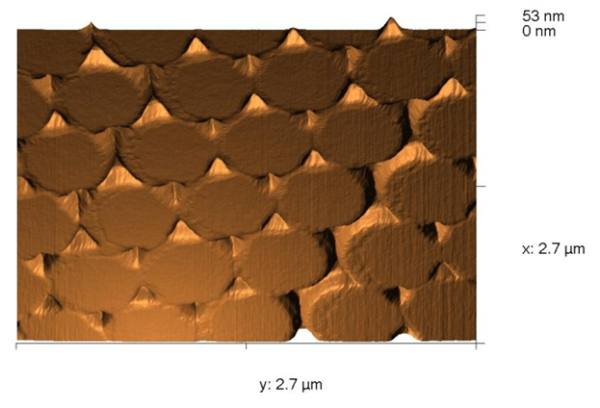 Figure 3: AFM image of nanotriangles produced after removal of the microsphere mask