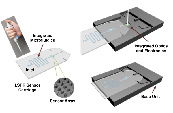 Illustration showing the envisioned LSP based protein sensor integrated with simple microfluidics to form a sensor cartridge