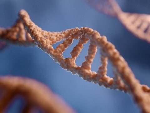 3D rendering capturing the double helix structure of DNA against a blue backdrop, with one helix structure in the center of the image