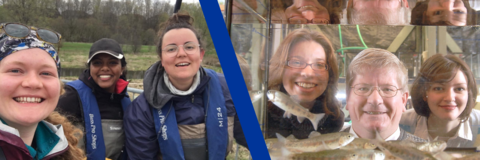 On the left there is a picture of Hillary Quinn-Austin, Nivetha Srikanthan and Erika Burton electrofishing. On the right there is a picture of Jen Kormos, Mark Servos, and Heather Loomer.