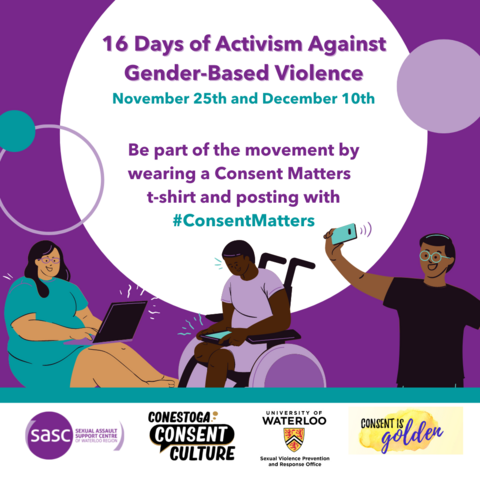!6 days of activism against gender-based violence graphic with an illustration of a person on a laptop, a person in a wheelchair, and a person taking a selfie