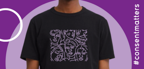 Person wearing a black t-shirt with a purple line design featuring consent matters text