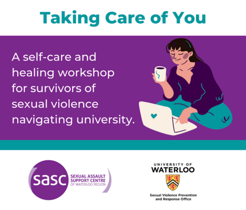Taking care of you poster with a graphic of a person sitting on the floor holding a cup of coffee and working on a laptop