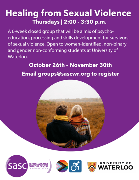 Healing from sexual violence poster with the event description in white text and a photo of a male and a female holding each other's waist from the back.