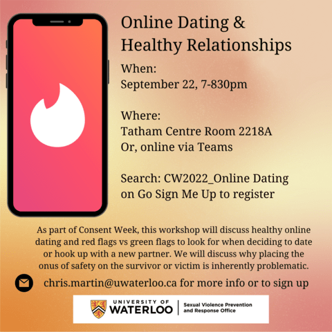 Online dating event description with a phone screen graphic on the left