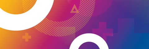 Geometric shapes overlaid onto a gradient of orange, pink, purple and blue