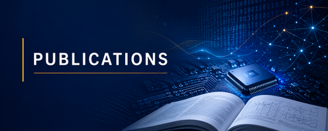 Digital banner featuring circuitry, a microchip, and an open book with the word ‘Publications.’