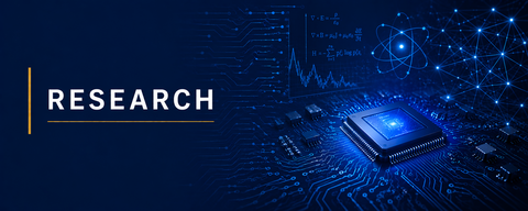 Technology-themed research banner featuring a microchip, digital circuitry, network graphics, and the word ‘Research.