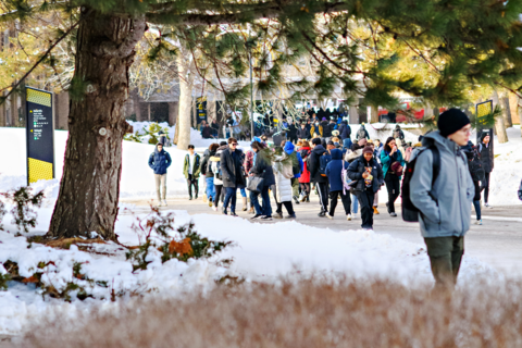 Students walking on campus in the winter term
