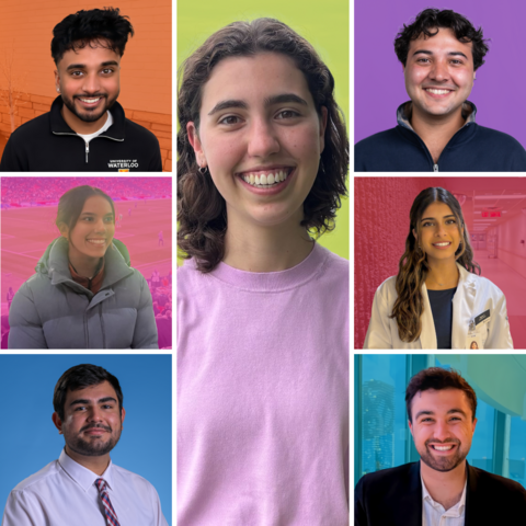 Photo collage of seven Waterloo students with their faculty coloured-backdrops