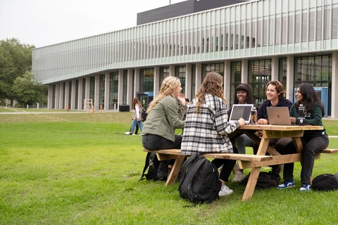 Students sitting at a picnic table studying