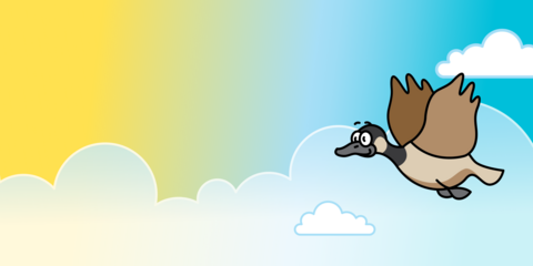 Cartoon image of the sky with a goose flying across