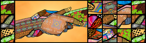 Image featuring an orange background and two hands, richly decorated with colourful patterns, clasped together.