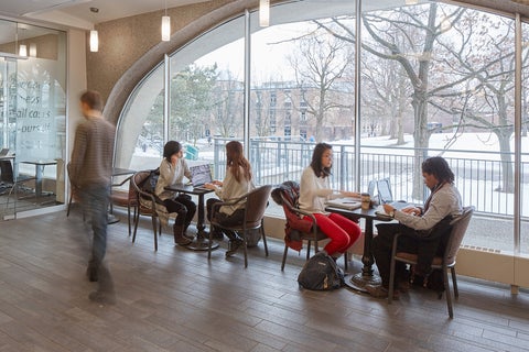 Students studying by the window at the Dana Porter Library