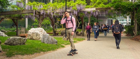 Students walking past the QNC rock garden