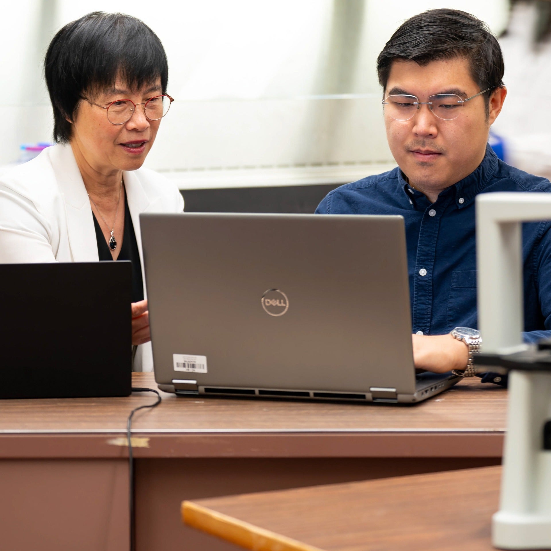 Dr. Helen Chen and Bing Hu inside a lab both looking at a laptop screen