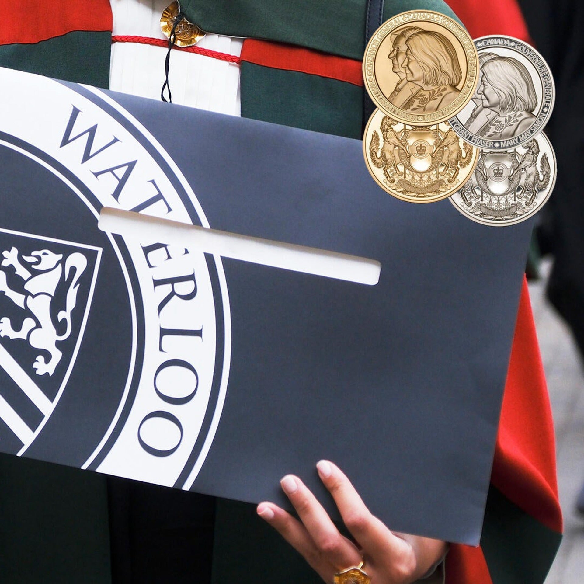 Graduate student holding University of Waterloo diploma with Governor General's Gold medal awards overlay on top