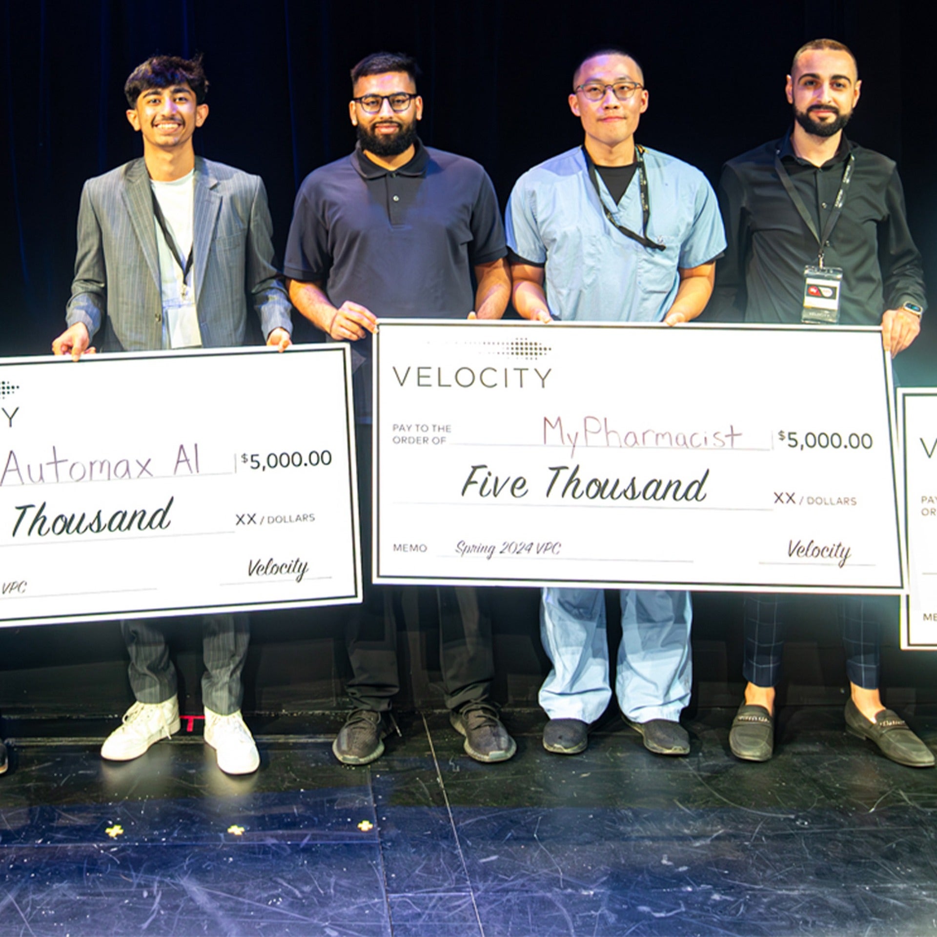 Waterloo students receive their funding prizes as winners of the spring 2024 Velocity Pitch Competition