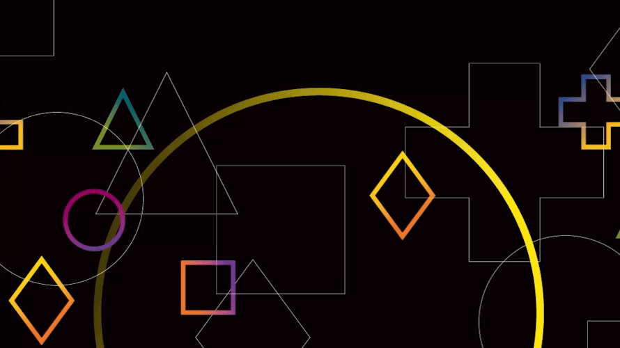 GIF of geometric shapes floating over a black background