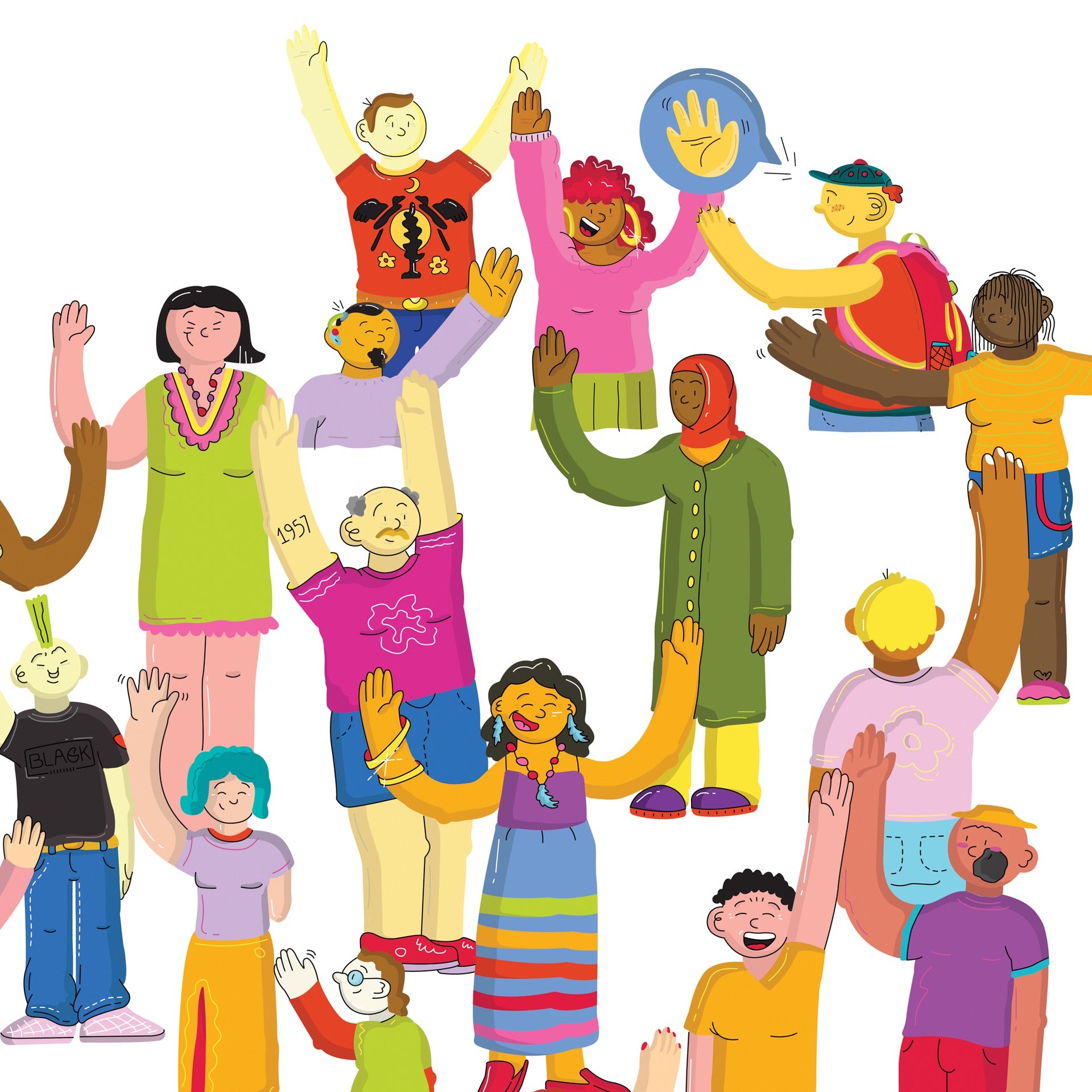 Illustration graphic of diverse folks waving to each other