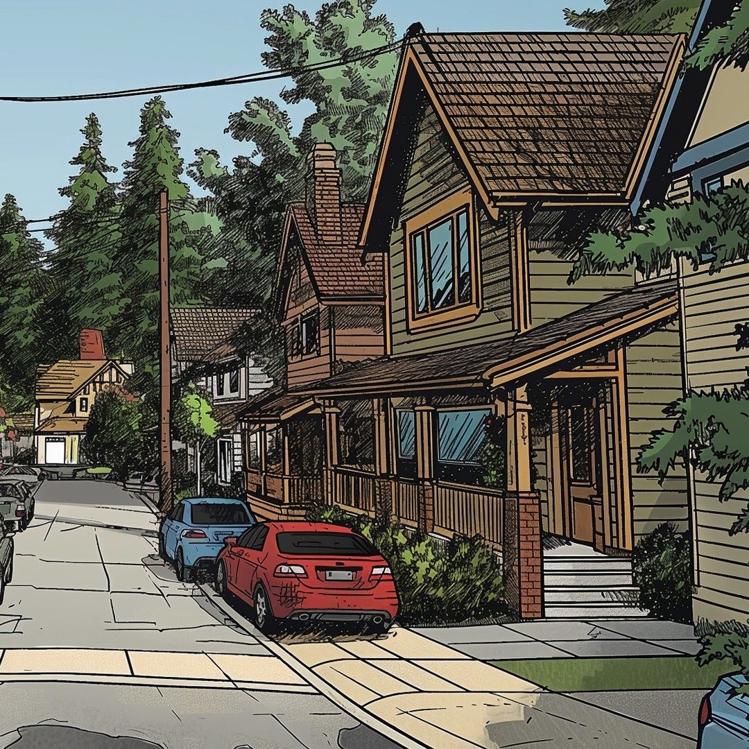 Digital illustration of an urban neighbourhood with houses and cars
